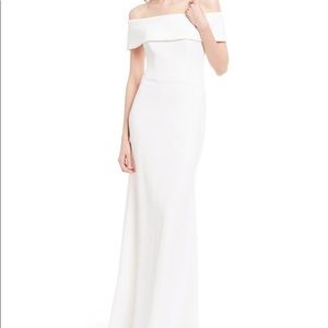 White Off the shoulder ruffle back gown